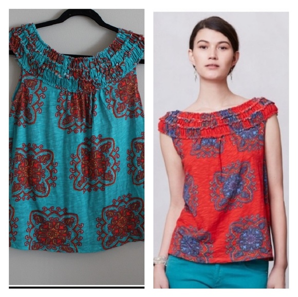 Anthropologie Tops - Meadow Rue Red Paisley Smock Off Shoulder Top